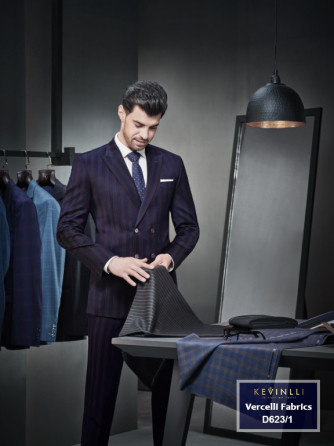 Suit Nam Đẹp Italy 95% Wool - D623/1 - Xanh Sọc Nâu - Cổ Ve Ngược - 4 Nút - Gài Chồm